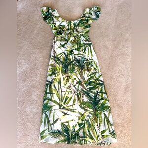 Taylor White Maxi Dress with Green Palm Print and Ruffle Straps